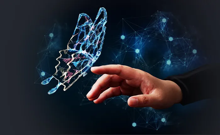 Digital butterfly being touched by human